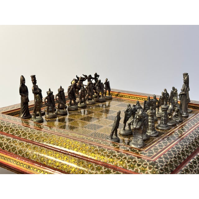 Vintage Persian Khatam Marquetry Chess Set With Figural Metal Pieces, Circa 1950 For Sale - Image 10 of 18