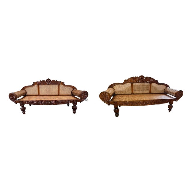 Pair of Matching British Colonial Cane Settees For Sale