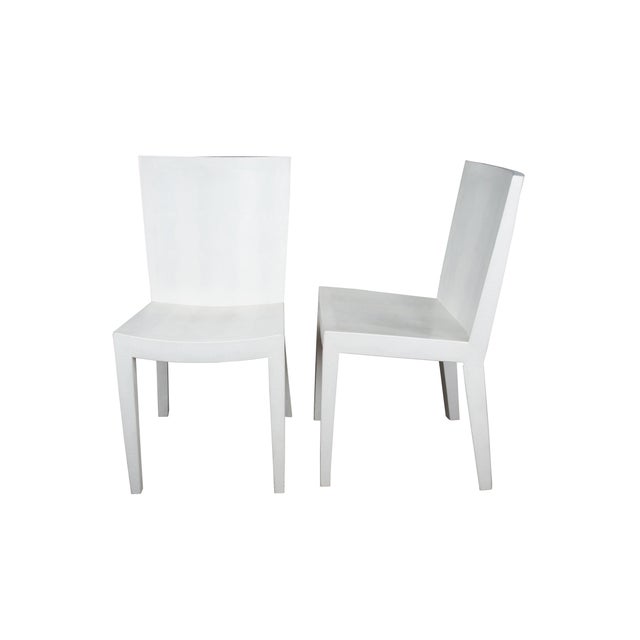 Set of six iconic J.M.F. Chairs signed by Karl Springer, circa 1986. Features a minimalist design with embossed lizard...