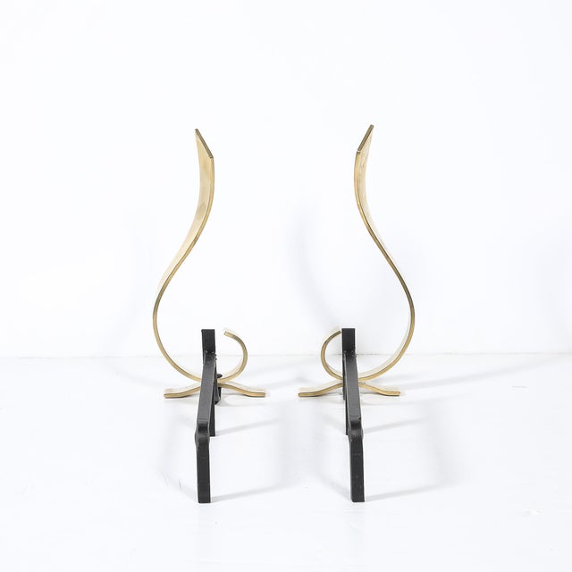 Pair of Mid-Century Curvilinear Polished Brass Andirons With Gunmetal Fittings For Sale - Image 4 of 11
