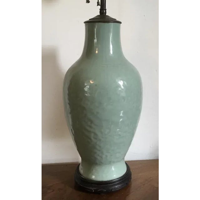 19th Century Chinese Monochrome Celadon Glaze Porcelain Vase as a Table Lamp For Sale - Image 4 of 10