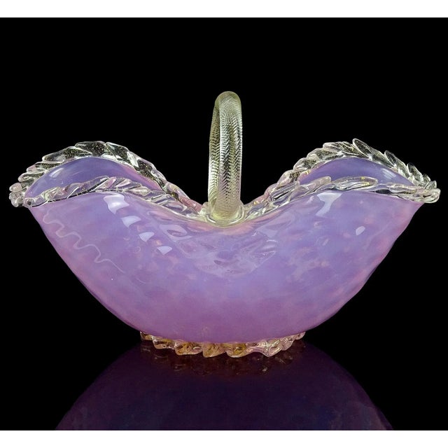 Beautiful and large, vintage Murano hand blown opalescent pink and gold flecks with diamond quilted surface Italian art...