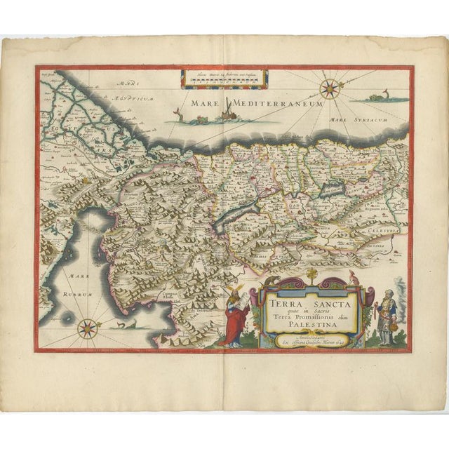 A highly decorative and historically important blaeu map of the holy land, “terra sancta… palestina” (1629), celebrated...