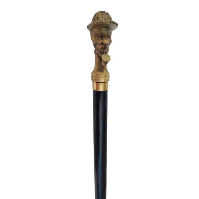 Wood Antique Black Wooden Folding Walking Stick Cane With Sherlock Holmes Head Handle For Sale - Image 7 of 8