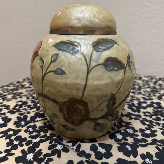 Vintage Hand-Painted Cloisonné Brass Ginger Jar With Floral Enamel For Sale - Image 4 of 7