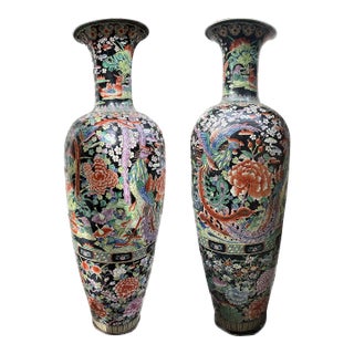 Pair of Large Late 20th Century Blackground Chinese Urns For Sale
