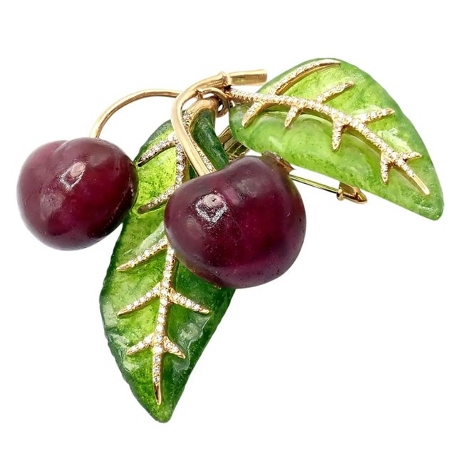 Green Vintage Tiffany & Co. France Diamond Plique a Jour Glass Cherries Gold Brooch For Sale - Image 8 of 11