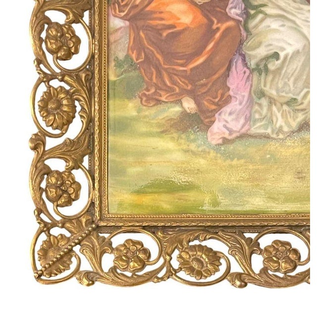 Pair French Limoges Porcelain Plaques in Ornate Gilt Metal Frames. Early 20th C. For Sale - Image 9 of 10