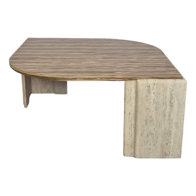 Mid-Century Coffee Table in Travertine and Olive Wood Veneer, 1970s For Sale
