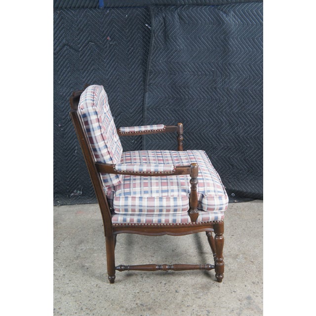 Late 20th Century 2 French Country Walnut Plaid Fauteuil Nailhead Ladderback Club Lounge Armchairs For Sale - Image 10 of 12