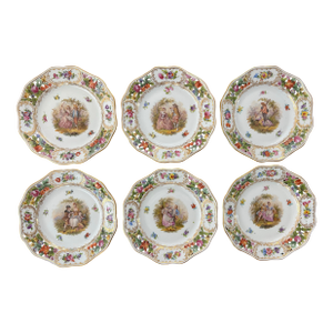 Late Nineteenth Century Carl Thieme Pastoral Scenic Reticulated Dessert or Accent Plates- Set of 6