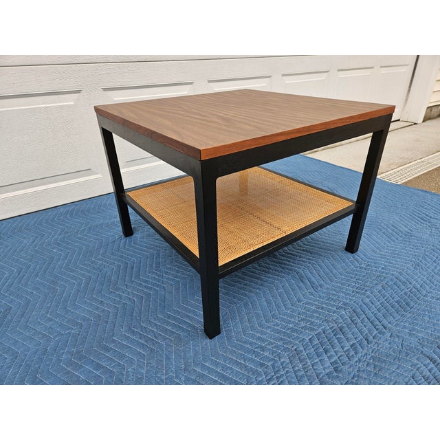 Square Black and Rattan Faux Walnut Top Side Table For Sale - Image 6 of 12
