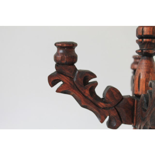 Rustic Spanish Revival Style Carved Wood Five Arm Candelabra For Sale - Image 11 of 12