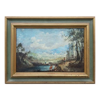 Landscape with Characters by the River, Oil on Canvas, Framed For Sale
