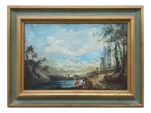 Landscape with Characters by the River, Oil on Canvas, Framed