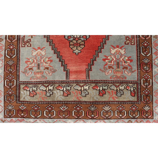 Vintage Turkish Oushak Rug With Coral, Ice Blue, and Soft Mocha Tones 4'1"x7'7" For Sale - Image 10 of 13