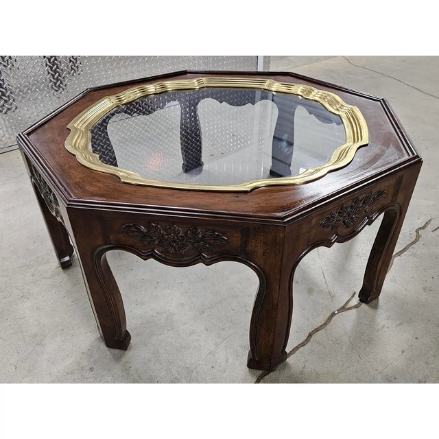 Hollywood Regency Mid 20th Century Octagonal Ethnographic Wood, Brass & Glass Cocktail Table For Sale - Image 3 of 5