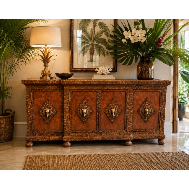 English Attributed Maitland-Smith British Colonial Style Coconut Shell and Copper Top Bar Cabinet For Sale - Image 3 of 15