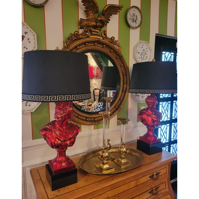 Tony Duquette 1990s Custom Finished Red, Gold Leaf Greek Goddess Black Shade Greek Key Trim Tall Table Lamps Tony Duquette Style - a Pair For Sale - Image 4 of 15