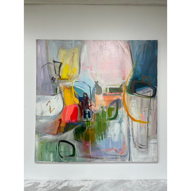Vibrant and dynamic original abstract oil painting with a fresh, layered palette and playful gestural lines. This bold...