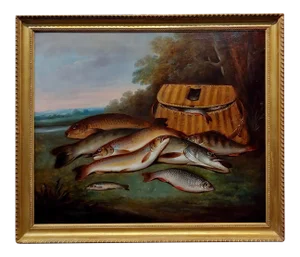 James B. Coleman -Catch of the Day Still Life of Fishes -19th C. Oil Painting
