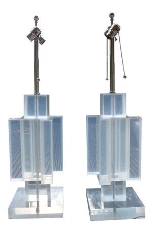 70's Prismatique Smokey & Clear Lucite Architectural Skyscraper Table Lamps - A Pair