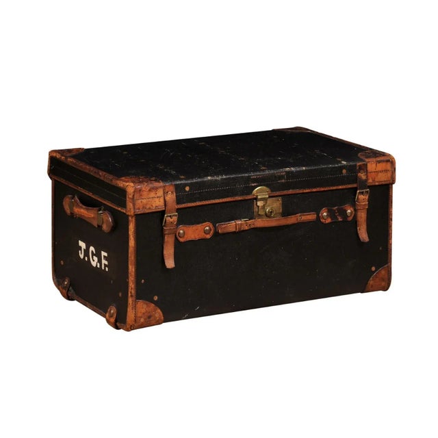 19th Century English Victorian Period 19th Century Black Traveling Trunk With Initials J.G.F. For Sale - Image 5 of 12