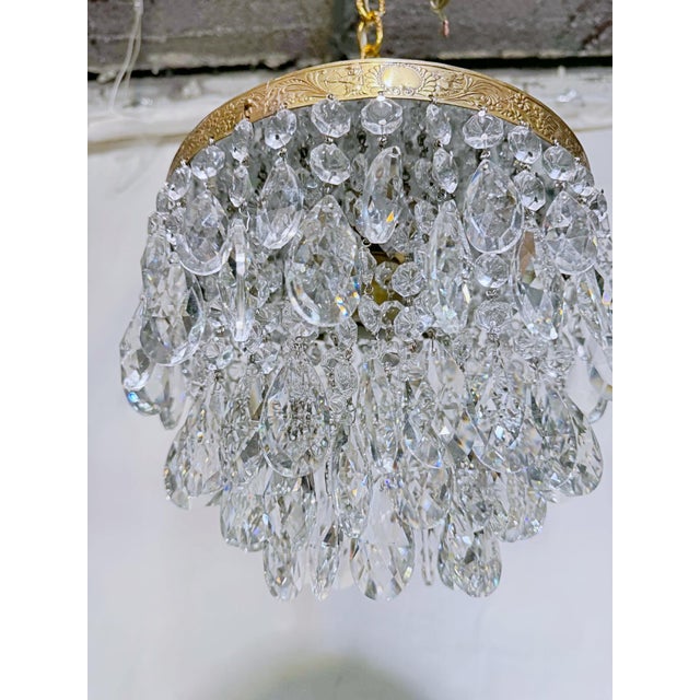 Hollywood Regency Vintage Crystal Teardrop Chandelier With Embossed Cherub Brass Crown For Sale - Image 3 of 11