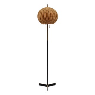 Mid-Century Modern Tripod Brass and Rattan Floor Lamp, Austria, 1950s For Sale