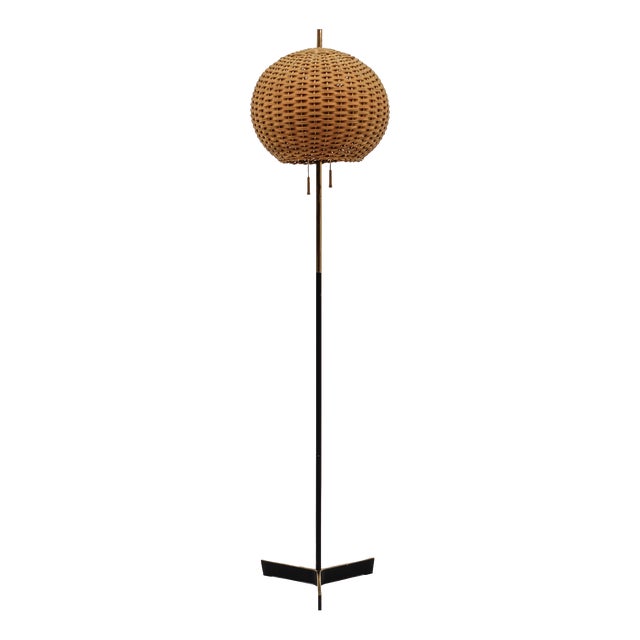 Mid-Century Modern Tripod Brass and Rattan Floor Lamp, Austria, 1950s For Sale