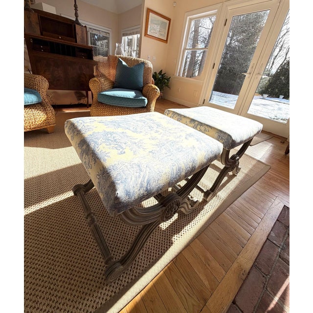 A Pair of Painted Campaign Style X-Base Ottomans Footstools in Butter Yellow and Blue Toile For Sale - Image 11 of 17