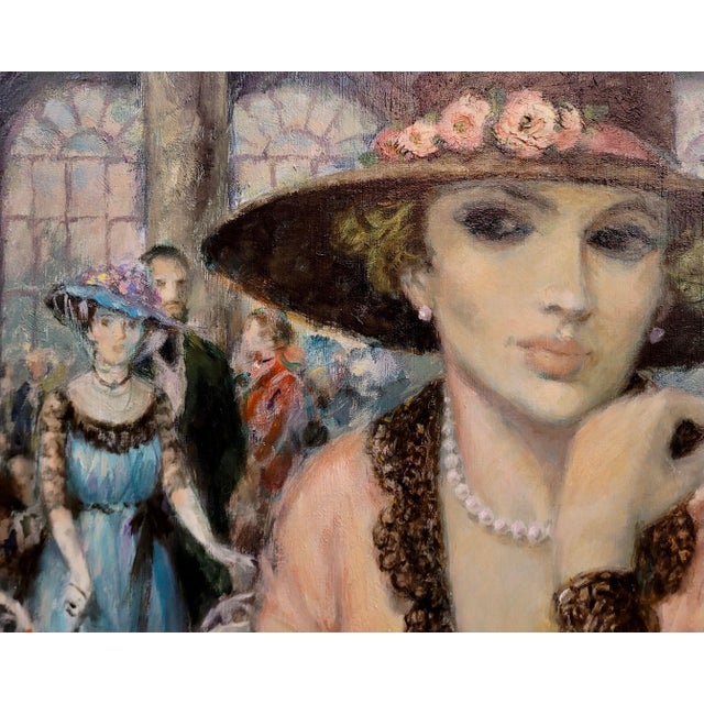 Pink Francois Batet -Elegant Woman W/ Hat at the Maxim De Paris-Oil Painting For Sale - Image 8 of 11