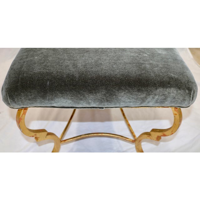 Vintage Bench Gilt Gold Leaf Over Iron Frame With Silk Velvet Upholstery For Sale - Image 4 of 4