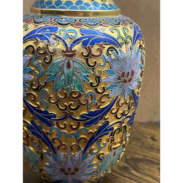 1950s Vintage Chinese Gilt Cloisonné Enamel Floral Vase, Beijing, Mid-Century, 8” For Sale - Image 5 of 8