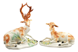 Porcelain Pair of Deer Stag and Doe at Lodge from Derby, 1765-1770, Set of 2