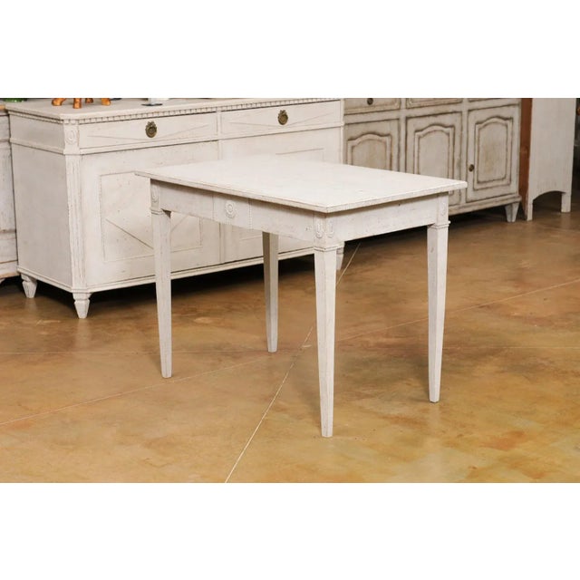 Off-white Swedish Gustavian Style 1880s Painted Wood Table with Carved Rosettes and Beads For Sale - Image 8 of 13