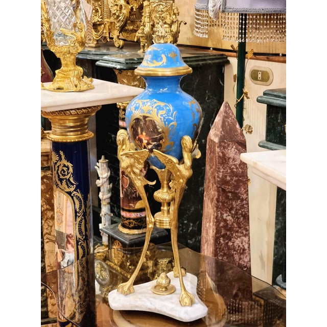 French Blue Porcelain Vase With Gold Leaf Details & Ornate Gilt Bronze Figural Mounts For Sale - Image 4 of 4