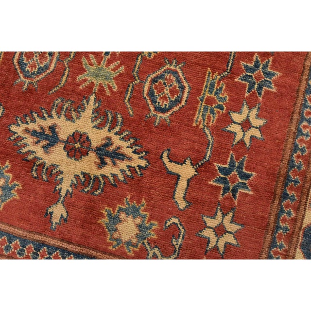 Kazak Rug 4′ X 5’4” Red Wool Tribal Hand-Knotted Oriental Carpet For Sale - Image 4 of 12