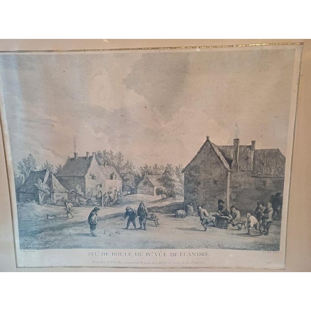 Engraving by JP le Bas, 1742, "Game of Boules," Engraver: D. Teniens Pinx, wooden frame under glass: dimensions: 52 cm x...