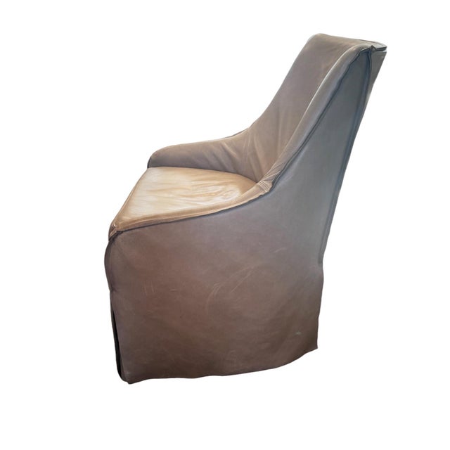 Taupe Pair of Taupe Leather, Skirted Slip-Covered Verellen Chairs on Casters For Sale - Image 8 of 14
