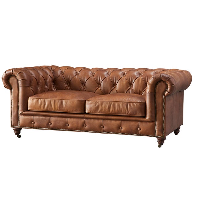 "Century Chesterfield Love Seat - Bark Brown Leather Enhance your living room with the timeless elegance of the Century...