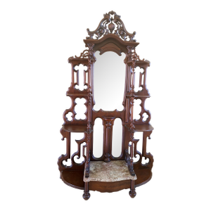 Antique Victorian Hall Tree With Mirror, Drawer, and Marble Shelf Base - Exceptional Carving