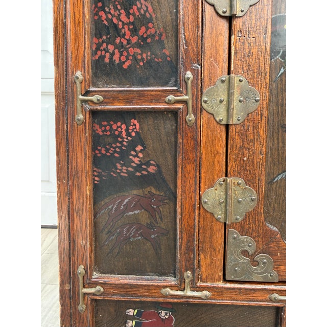Mid 20th Century Vintage Korean Scholar's Cabinet With Hand-Painted Hunting Scenes For Sale - Image 5 of 16