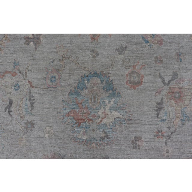 Textile 2020s Large Oushak Rug With Floral Motifs & Muted Colorful Tones on Neutral Background For Sale - Image 7 of 13
