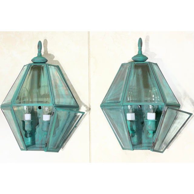 Pair of Vintage Solid Brass Verdigris Hexagonal Wall Sconces For Sale - Image 15 of 16