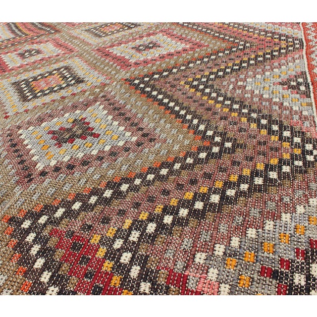 Vintage Turkish Embroidered Flat Weave With Diamond and Zig-Zag Pattern For Sale - Image 4 of 13