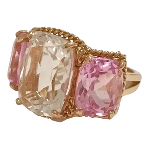 Christina Addison Elegant Three-Stone Rock Crystal and Pink Topaz Ring With Gold Rope Twist Border