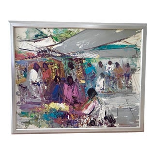 Large Mid 20th Century León Belaunzarán "El Mercado" Oil Painting in Custom Aluminum Frame For Sale