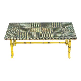 Piero Fornasetti Coffee Table, Milano — Graphic Patchwork Triangles & Chevrons, Lithographic Transfer, Faux Bamboo Base, Original Label For Sale