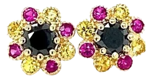 Black Diamond and Sapphire Yellow Gold Stud Earrings - 2 Pieces